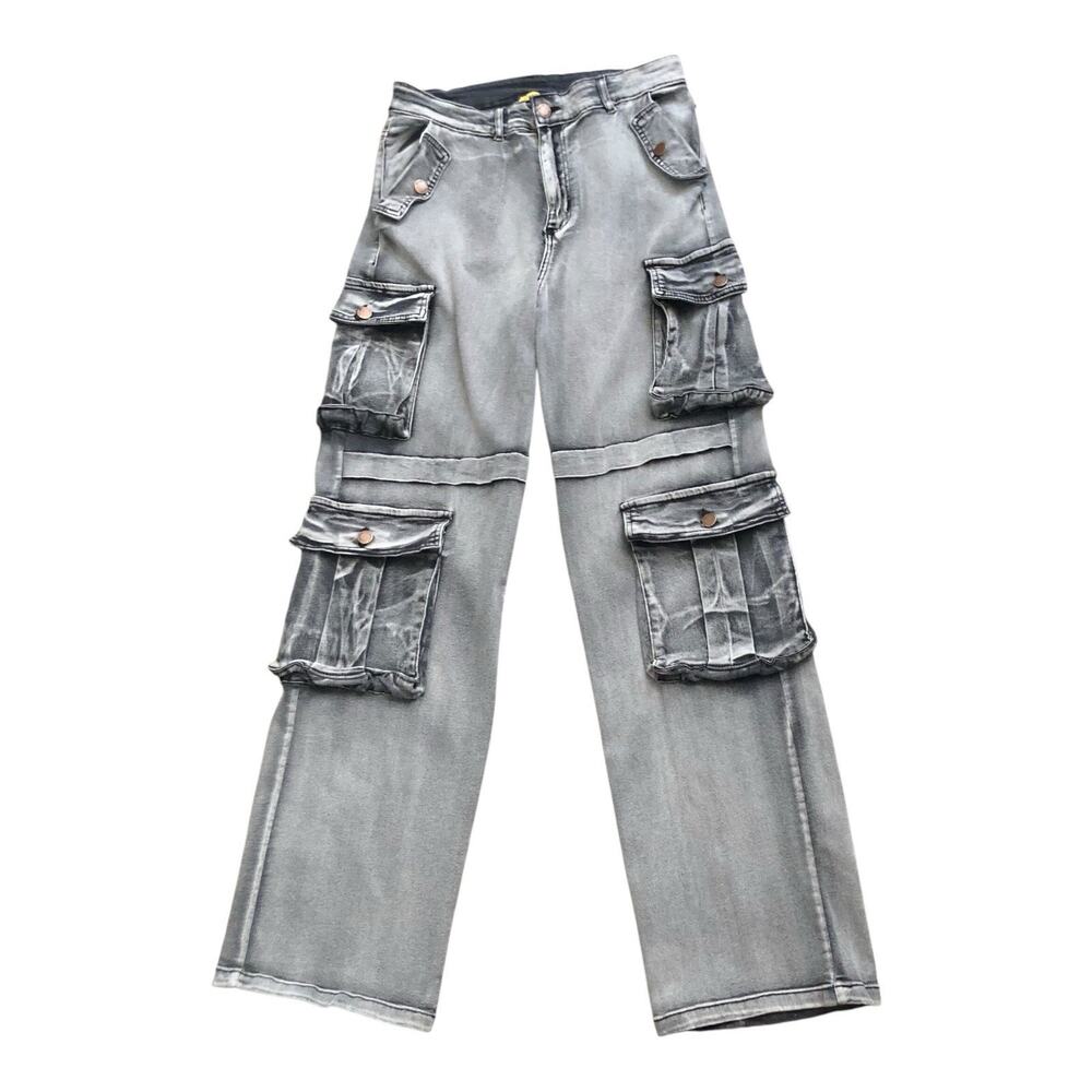 Daisy Cargo Jeans Womens L Gray Acid Wash Wide Leg Multi Pocket Y2K Stretch